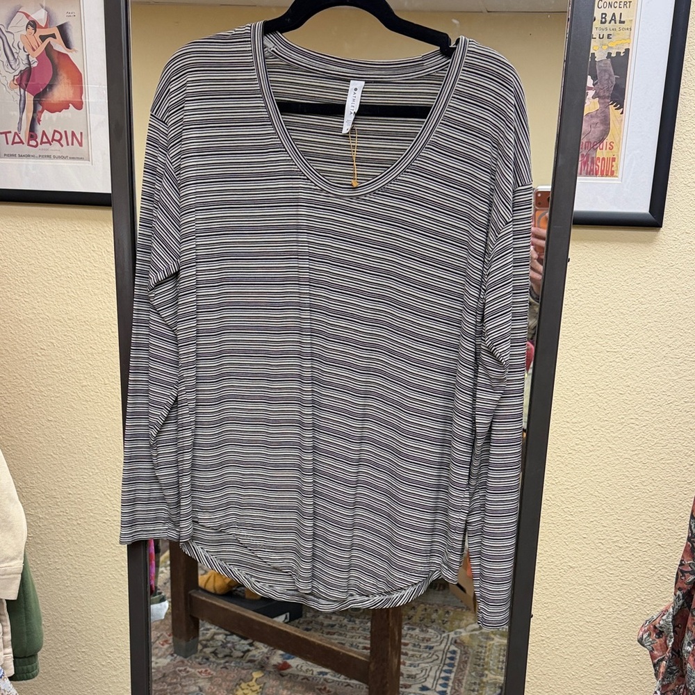 Athleta Black and White Striped Long Sleeve Top
